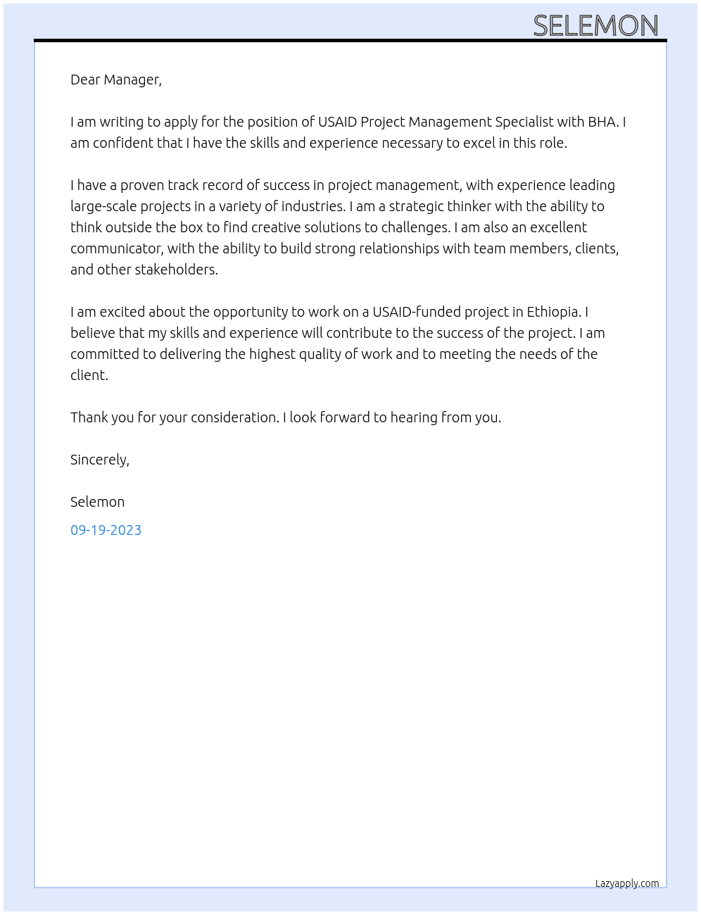 USAID Project Management Specialist At BHA Cover Letter