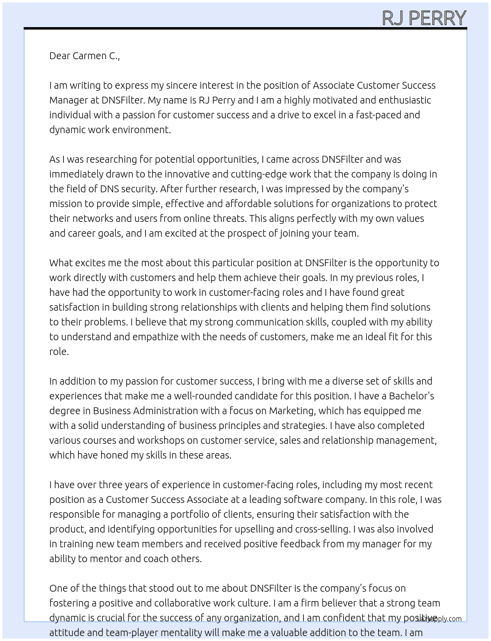 Associate Customer Success Manager At DNSFilter Cover Letter