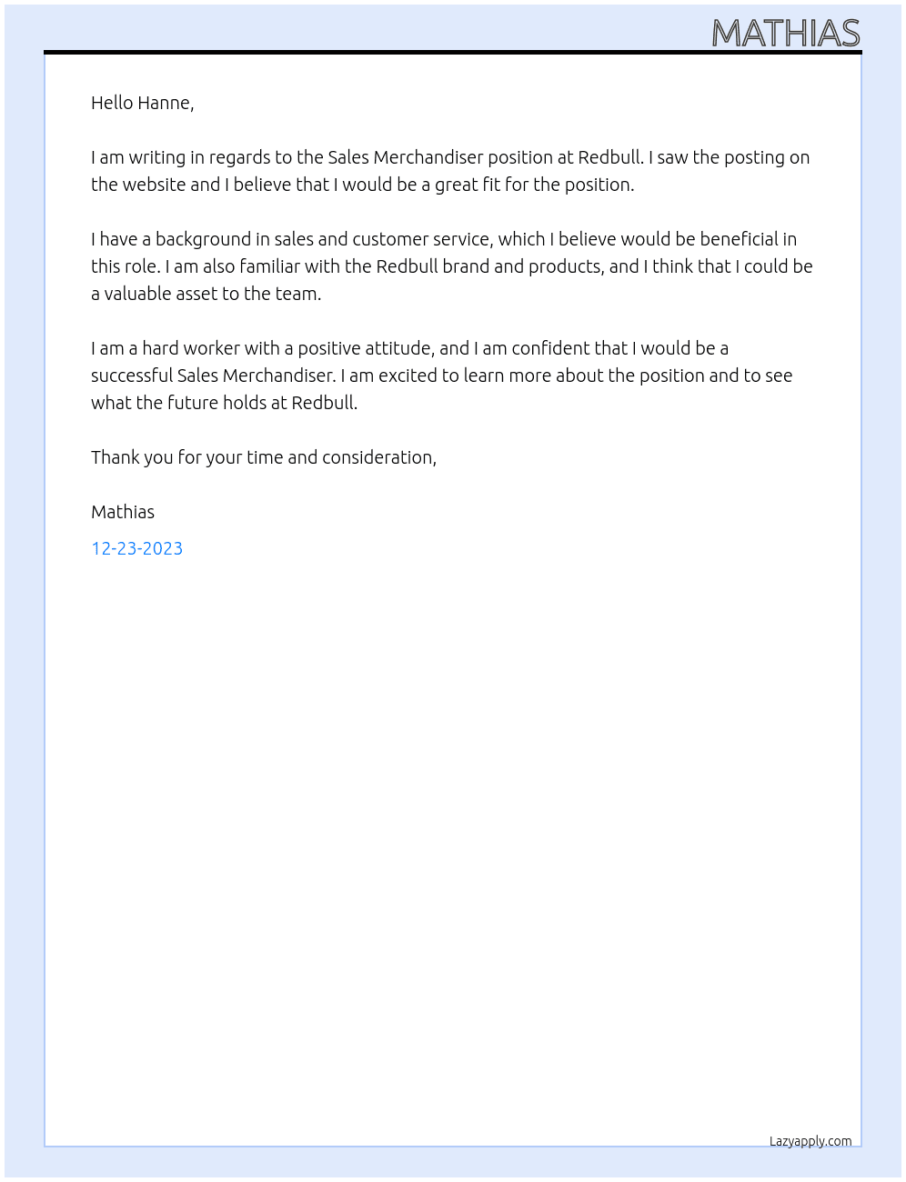 Sales Merchandiser At Redbull Cover Letter