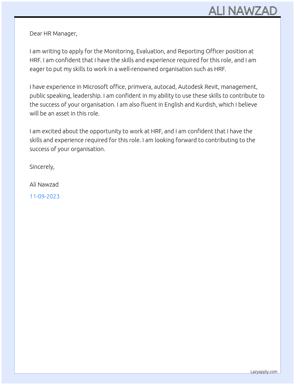 Monitoring, Evaluation, and Reporting Officer At HRF Cover Letter