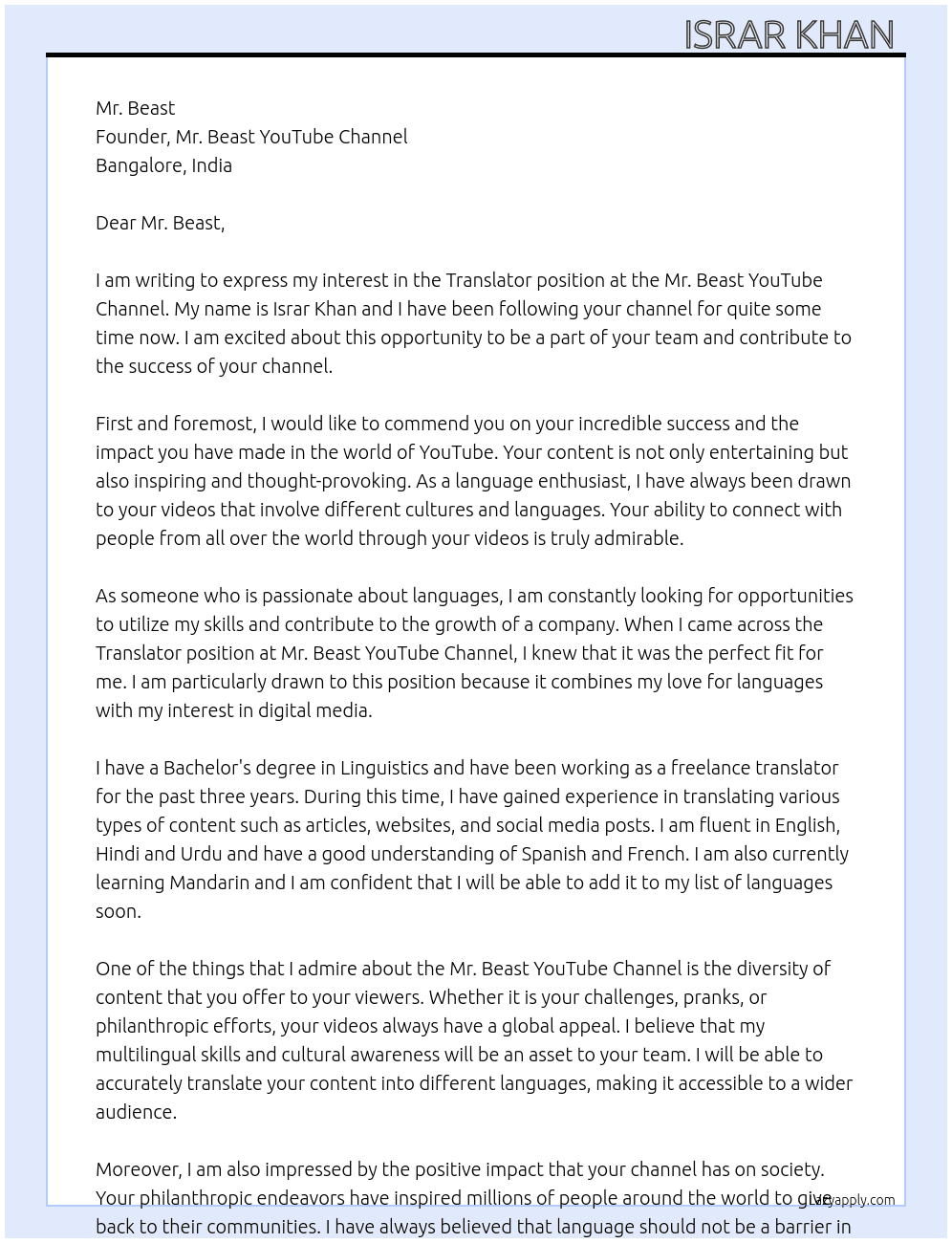 Translator At Mr beast YouTube Channel  Cover Letter