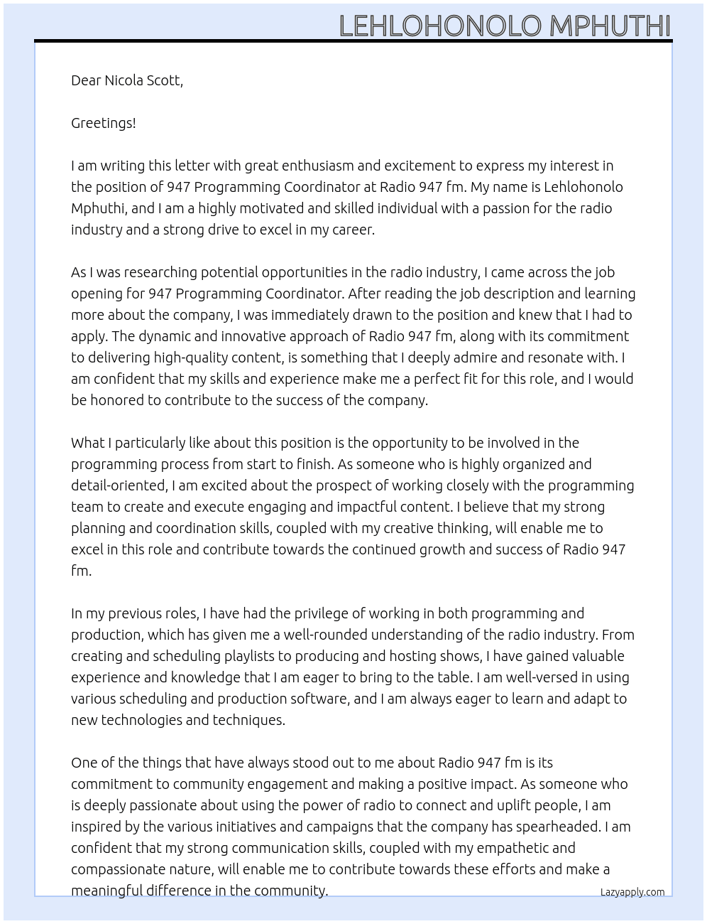 947 Programming Coordinator At Radio 947 fm   Cover Letter