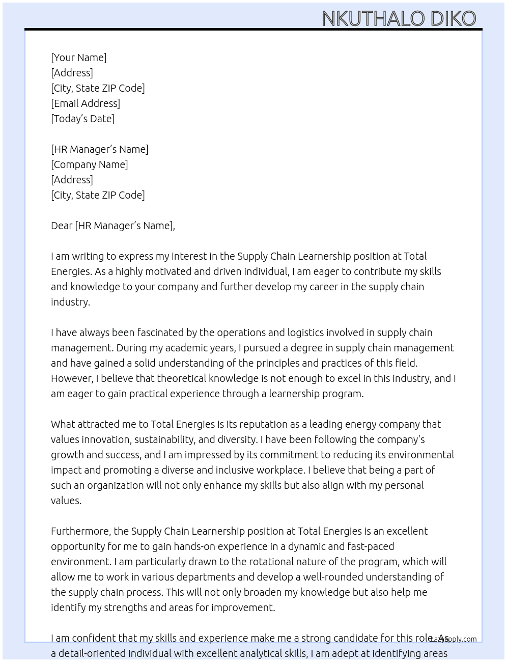 Supply chain Learnership At Total energies  Cover Letter