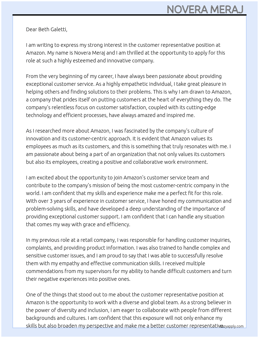 customer representative  At AMAZON Cover Letter