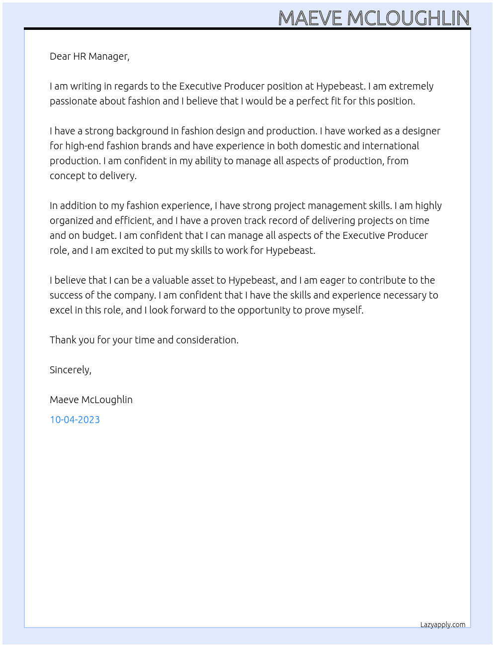 Executive Producer At Hypebeast Cover Letter
