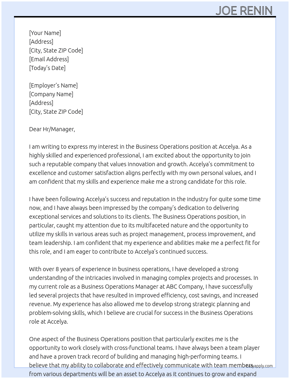 Business operations At Accelya Cover Letter