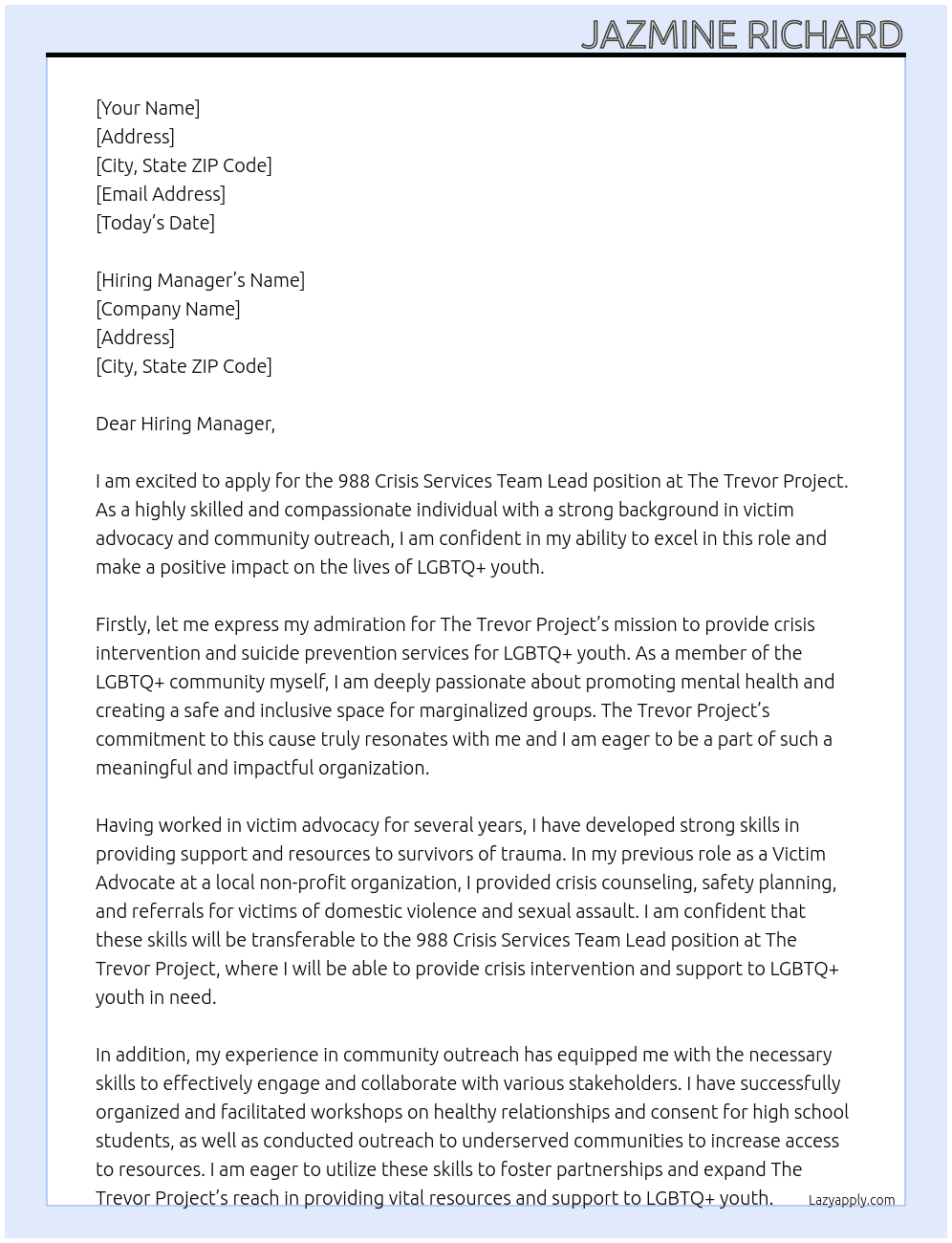 988 Crisis Services Team Lead At The Trevor Project Cover Letter