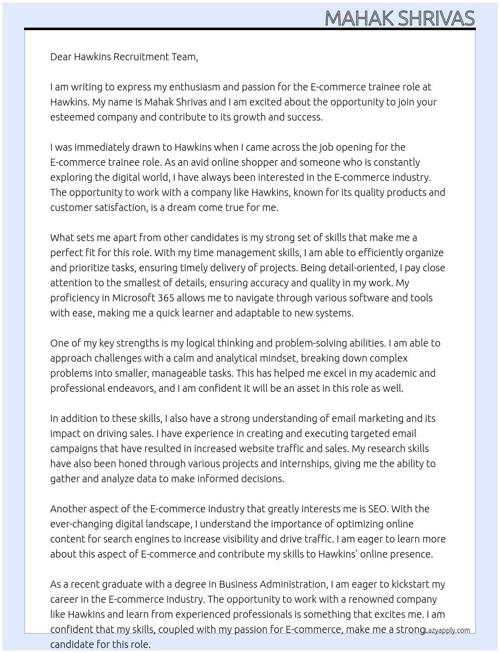 E commerce  At Hawkins  Cover Letter