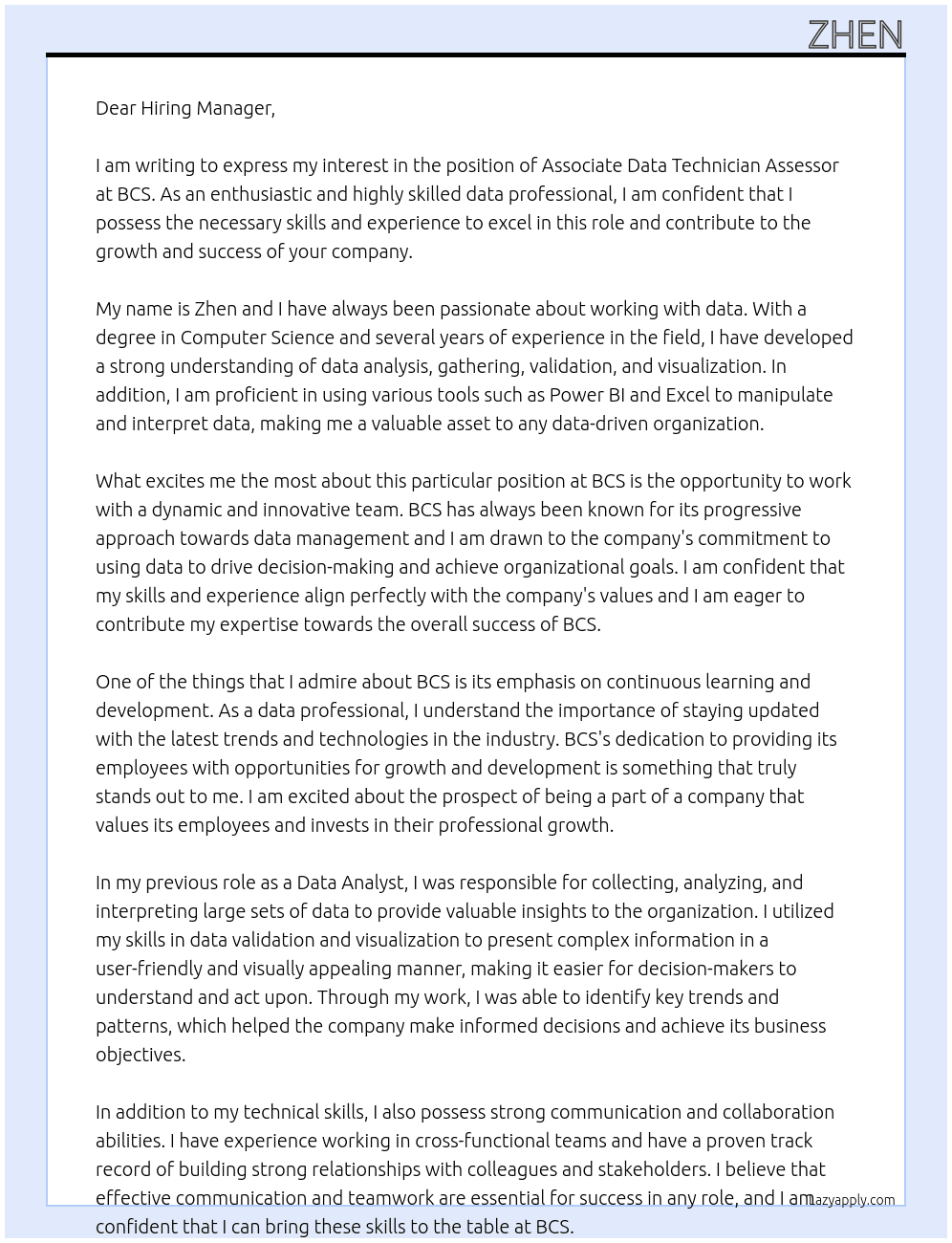 Associate Data Technician Assessor At BCS Cover Letter