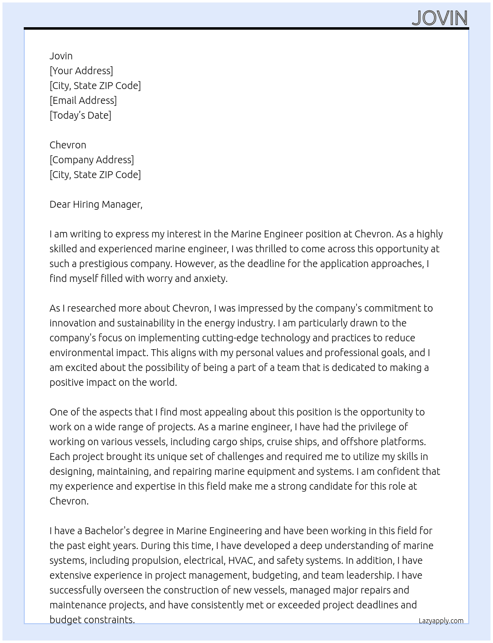 marine engineer At chevron Cover Letter