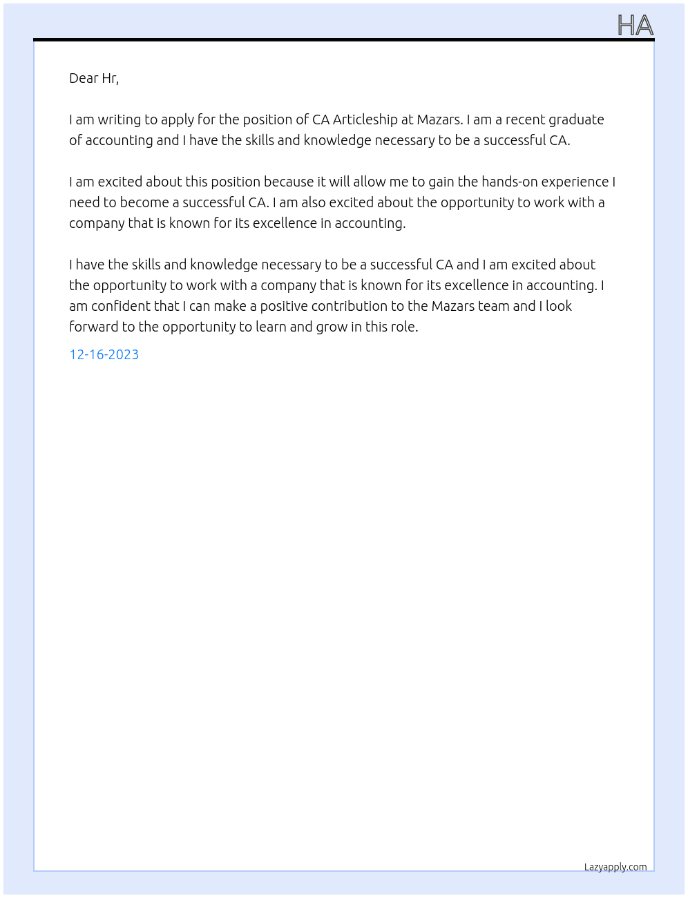 CA Articleship At Mazars Cover Letter