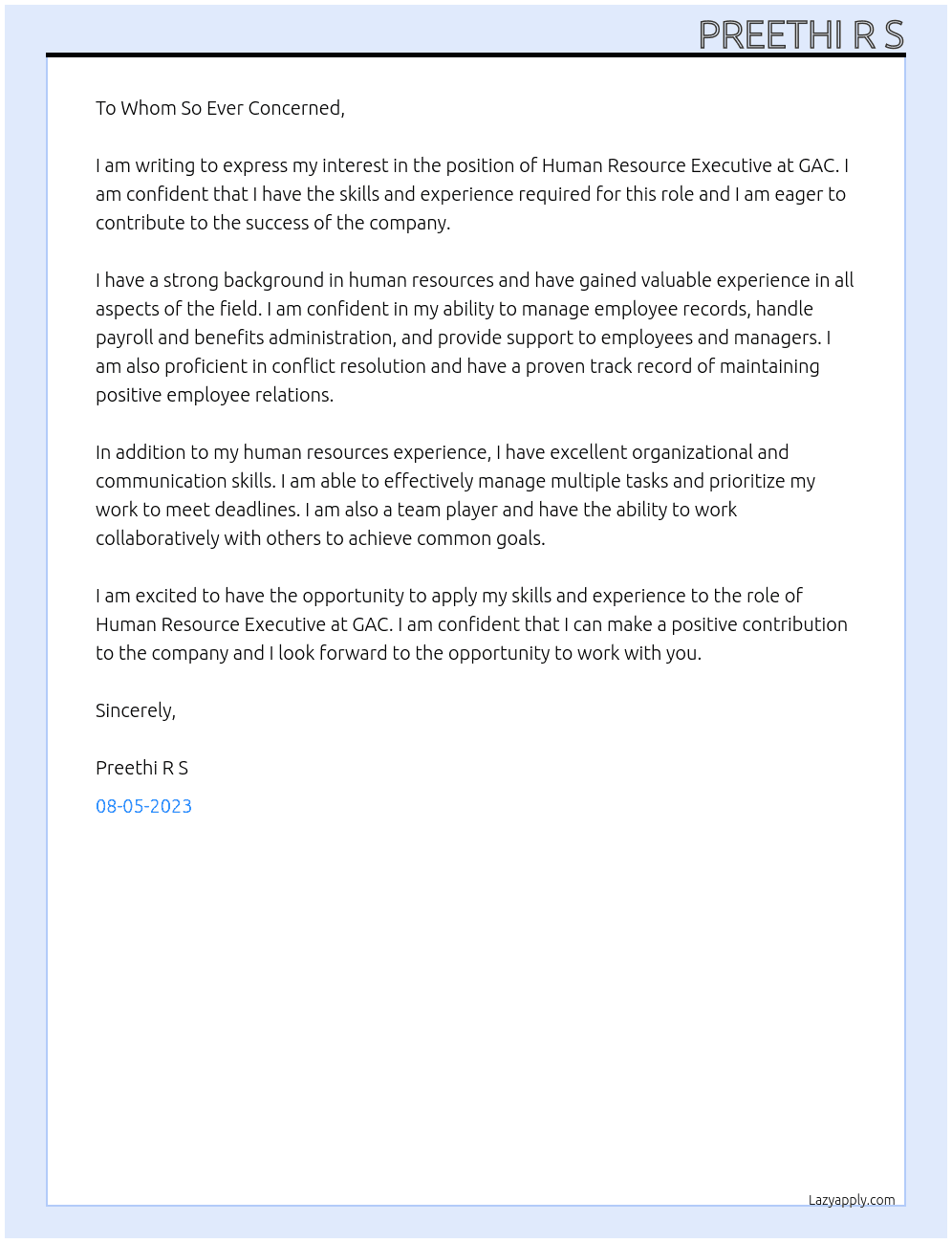 Human resource executive  At GAC Cover Letter