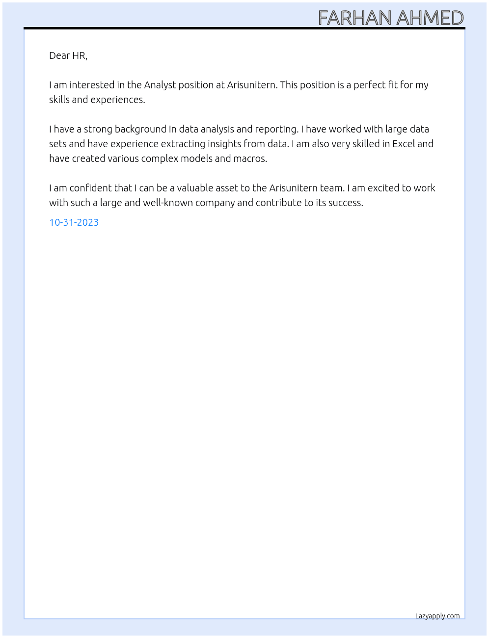 Analyst At Arisunitern Cover Letter