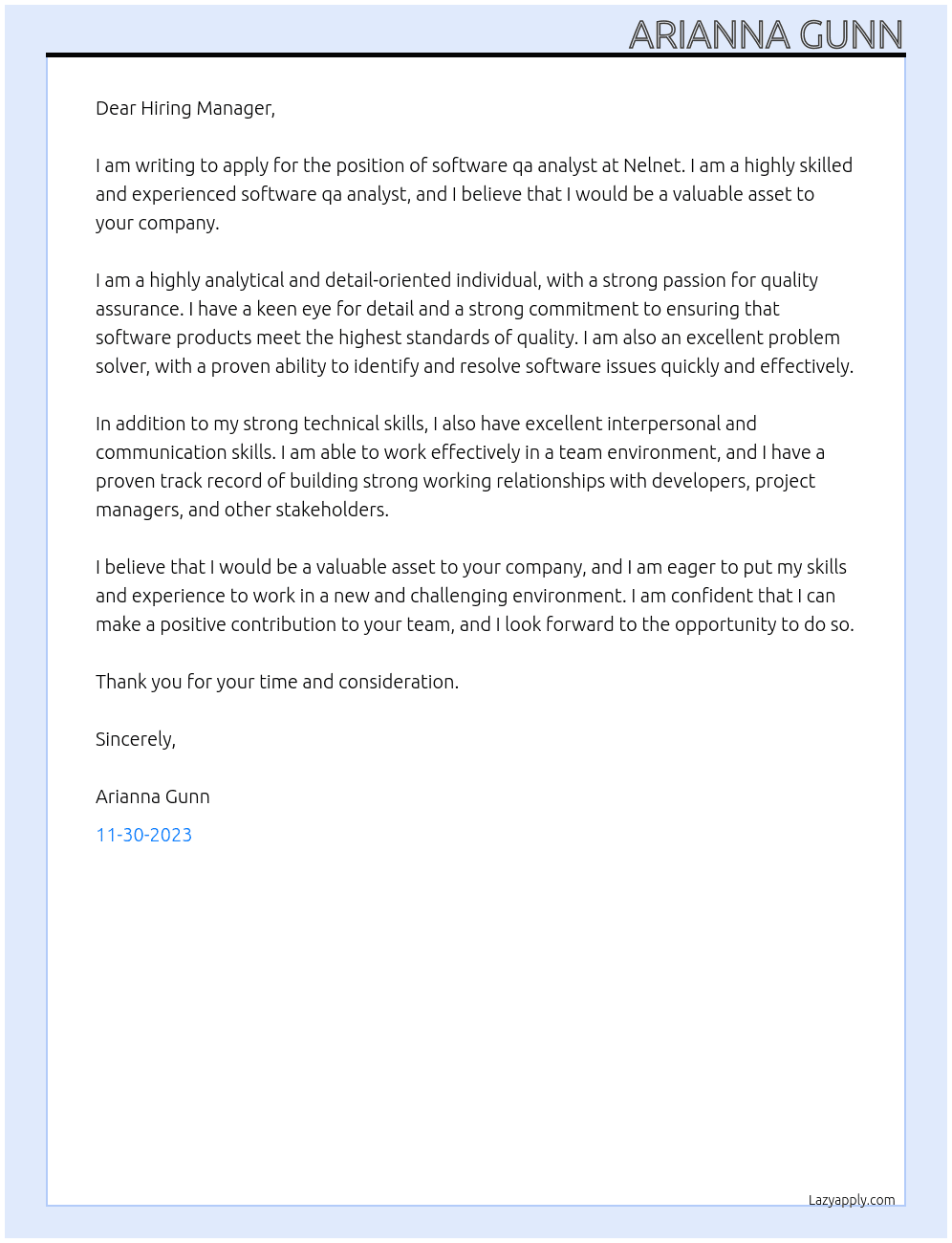 software qa analyst At Nelnet Cover Letter