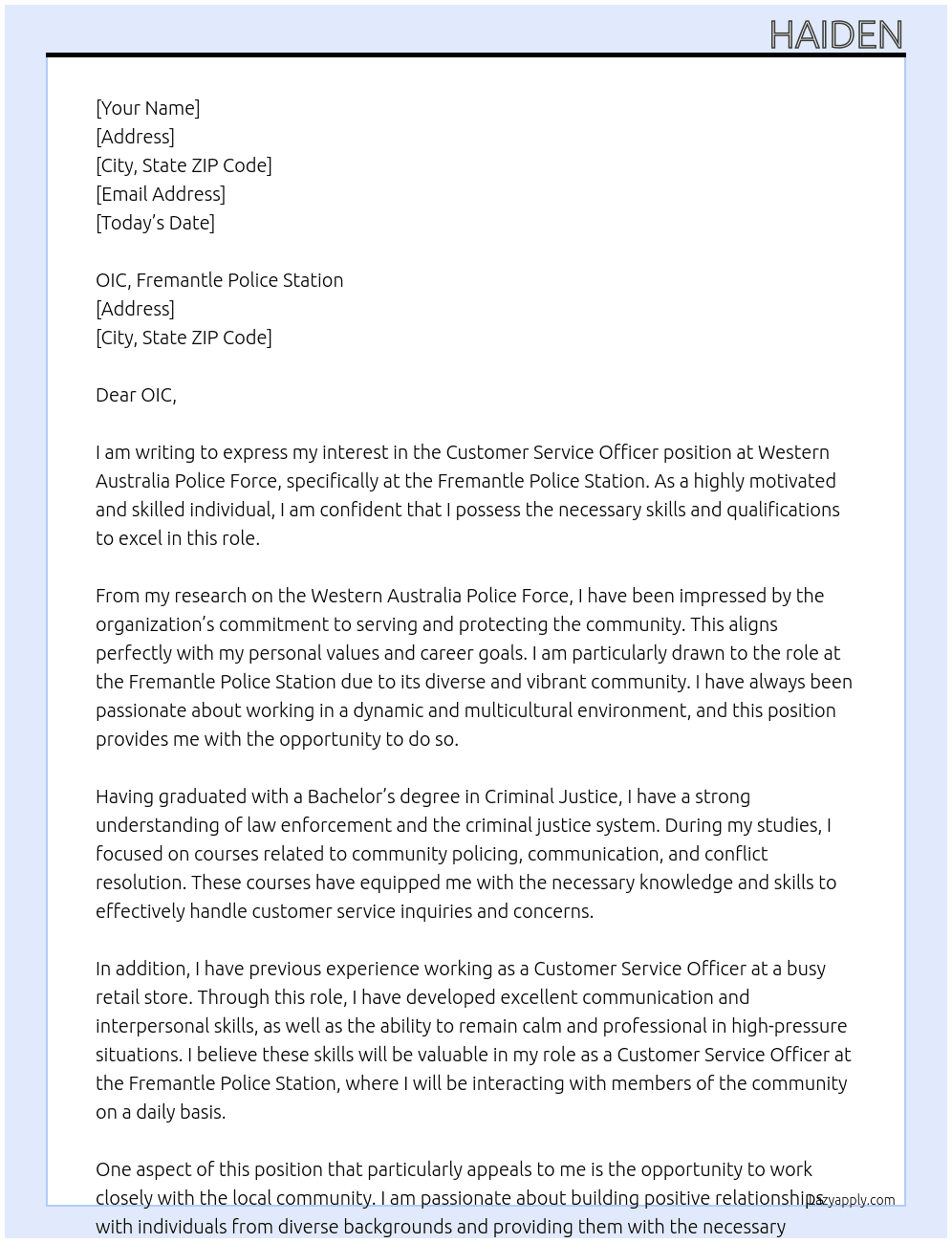Customer Service Officer At Western Australia Police Force  Cover Letter