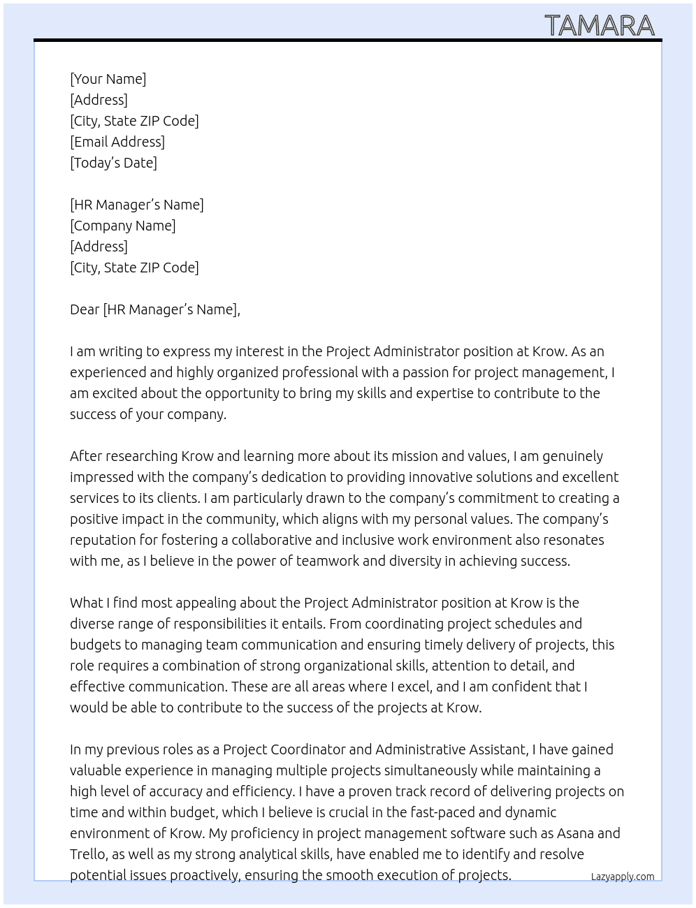 Project Administrator  At Krow Cover Letter