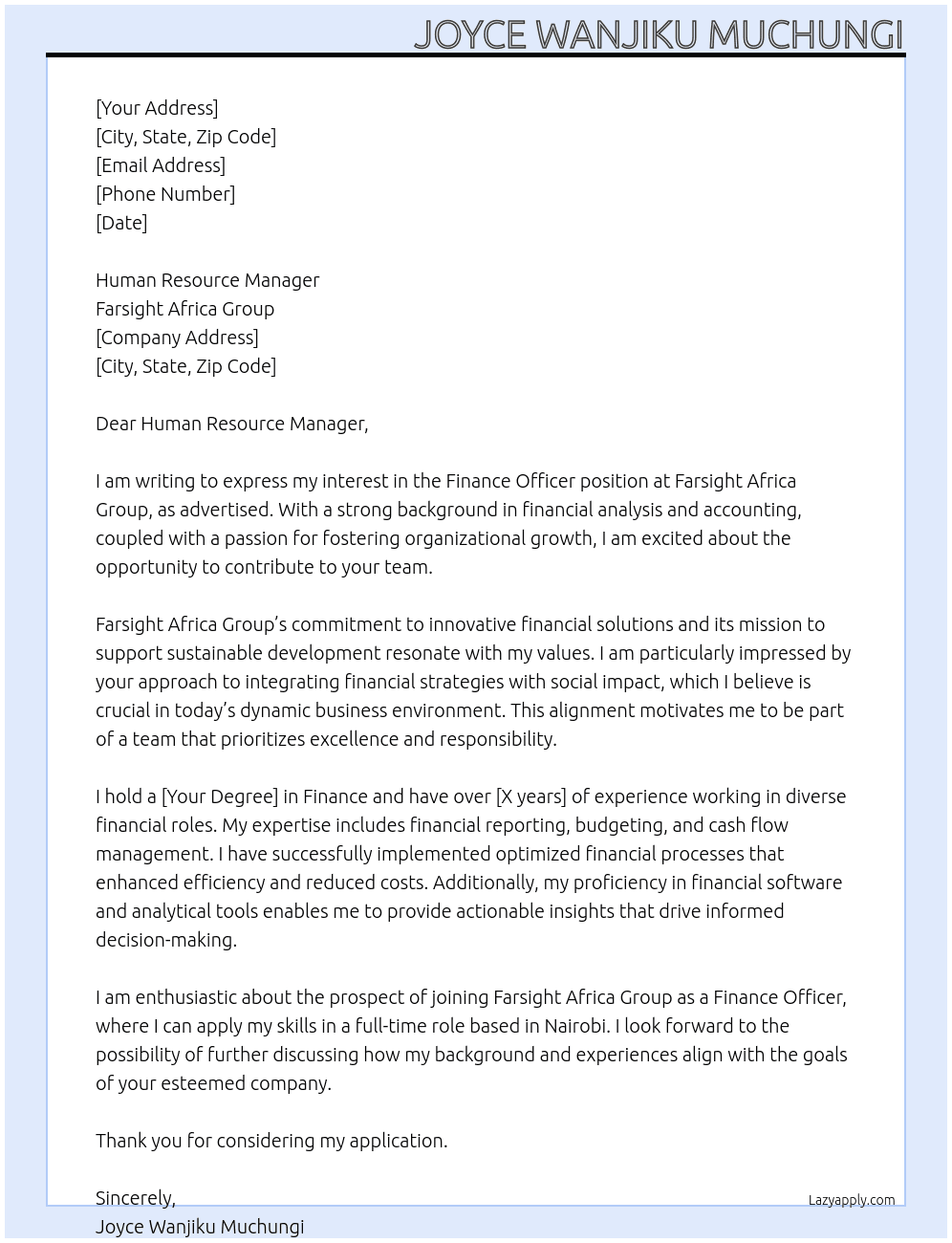 Cover letter for finance officer - LazyApply