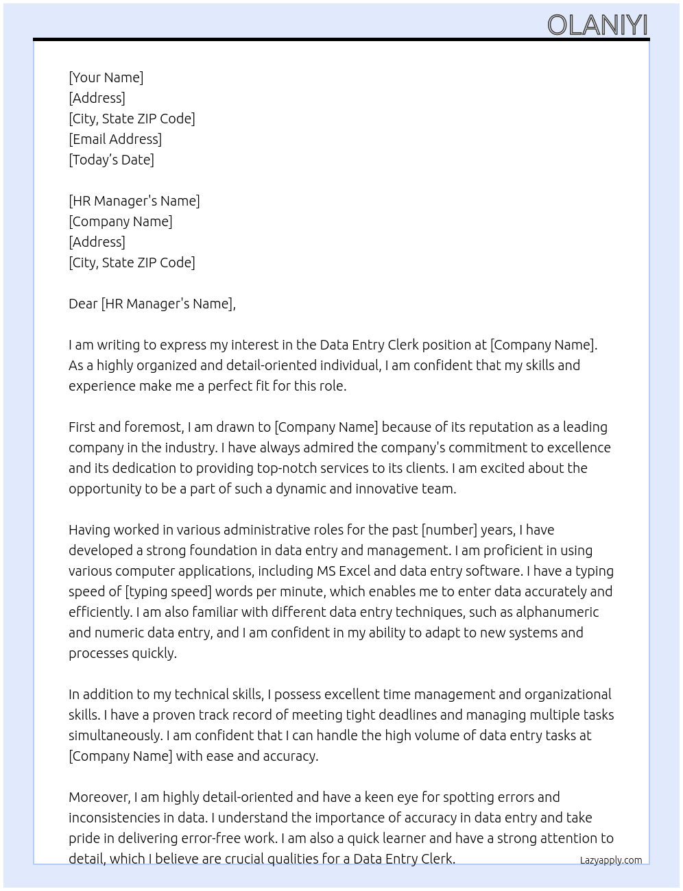 Data Entry Clerk At Compnay Cover Letter
