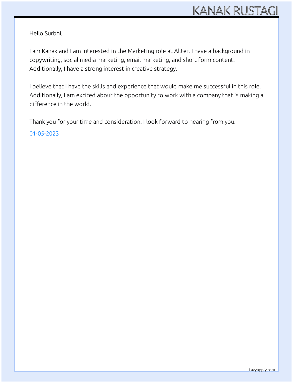 Marketing role At allter Cover Letter