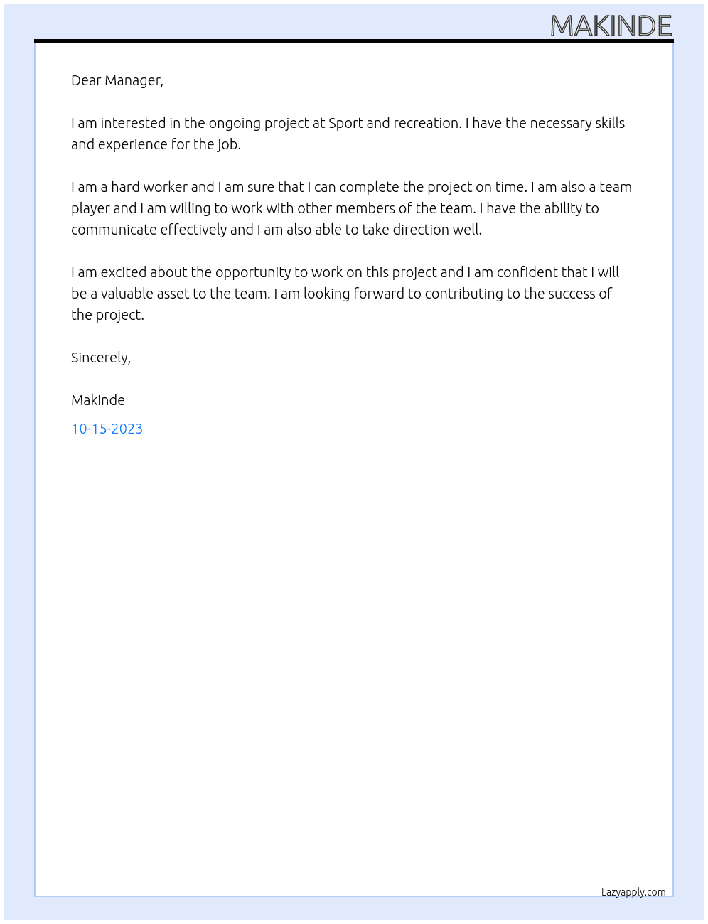 Ongoing project  At Sport and recreation  Cover Letter