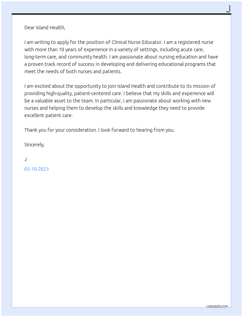 Clinical Nurse Educator At Island Health Cover Letter