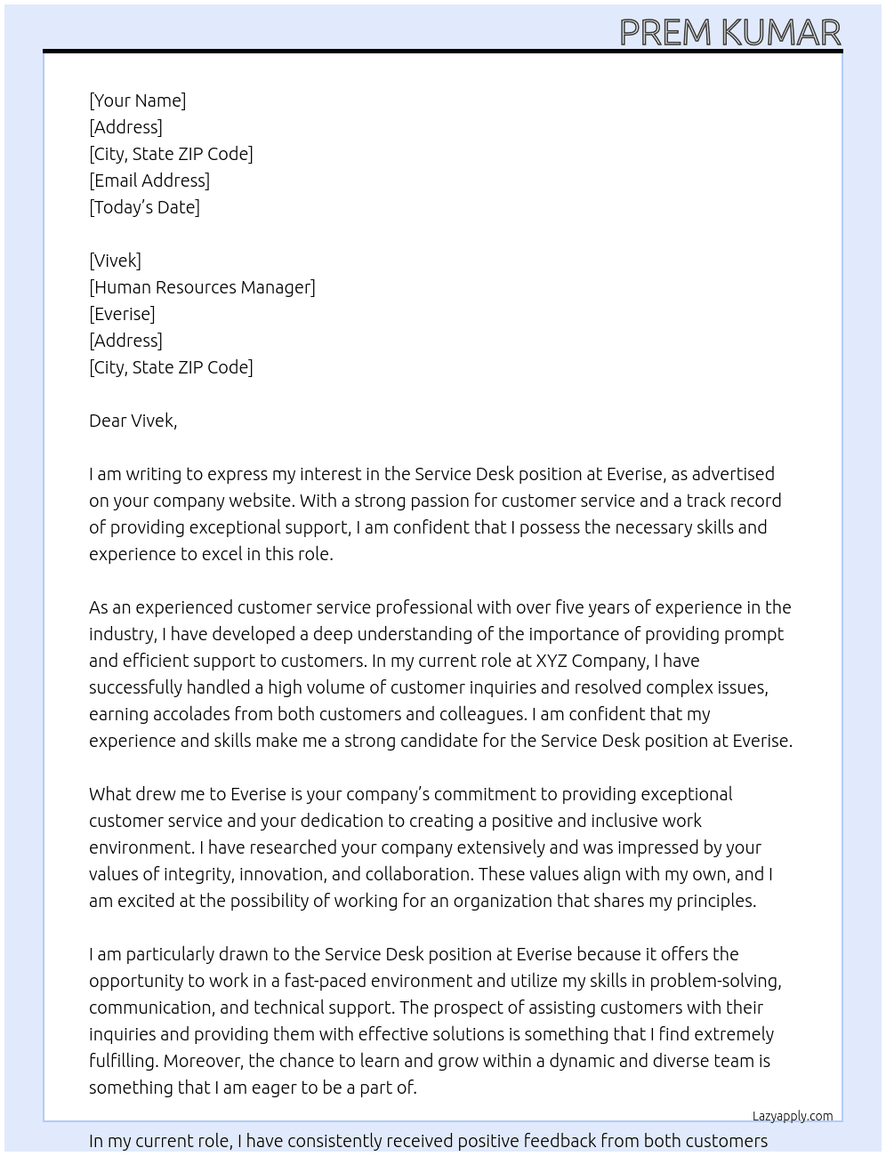 Service desk At Everise  Cover Letter