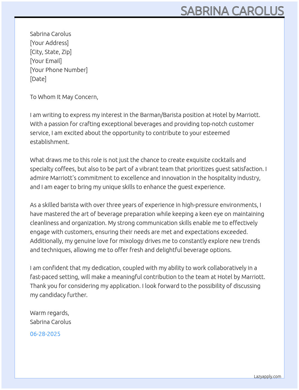 Barman/Barista At Hotel by Marriot Cover Letter