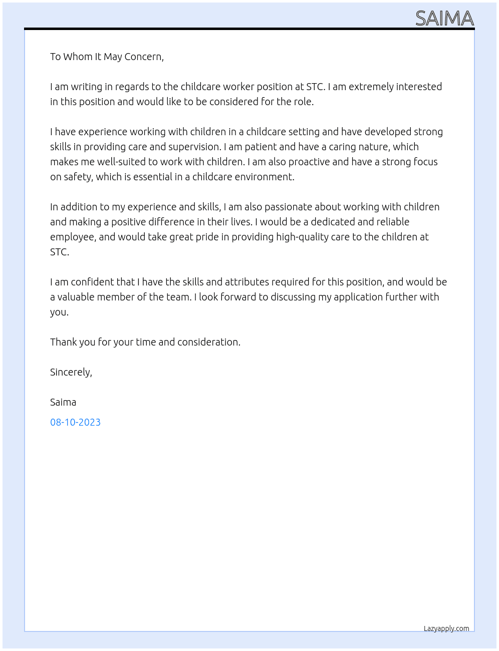 childcare worker At STC Cover Letter