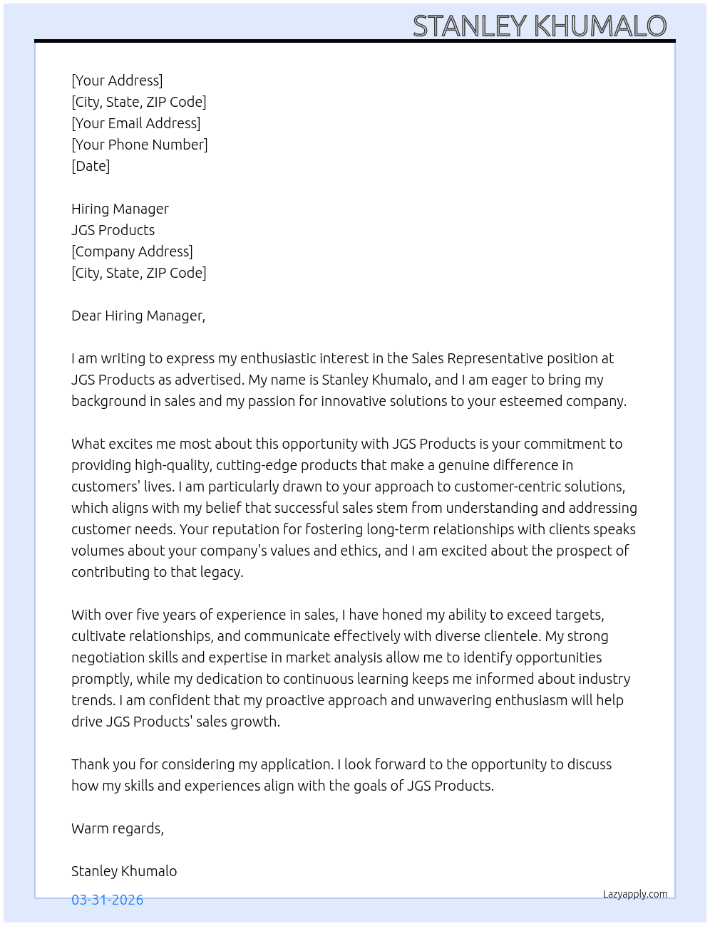 Sales Representative  At JGS Products  Cover Letter