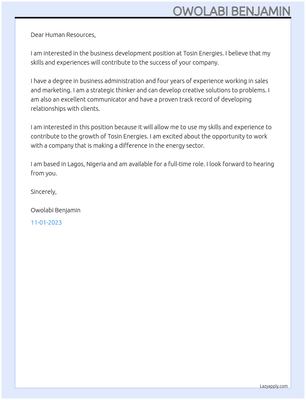 business development At Tosin Energies Cover Letter