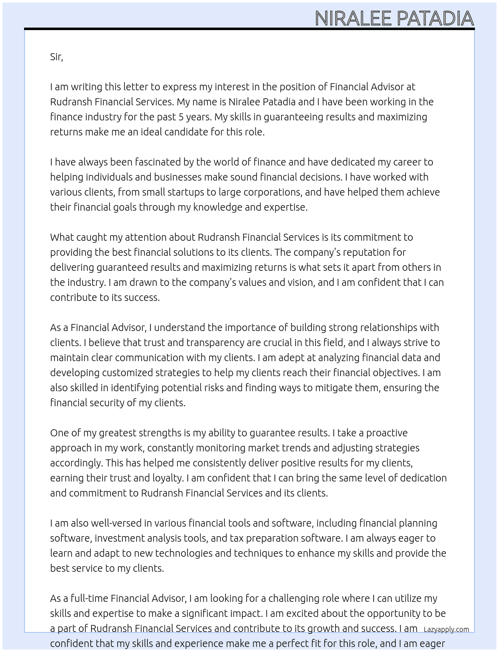 Financial advisor  At Rudransh financial services  Cover Letter