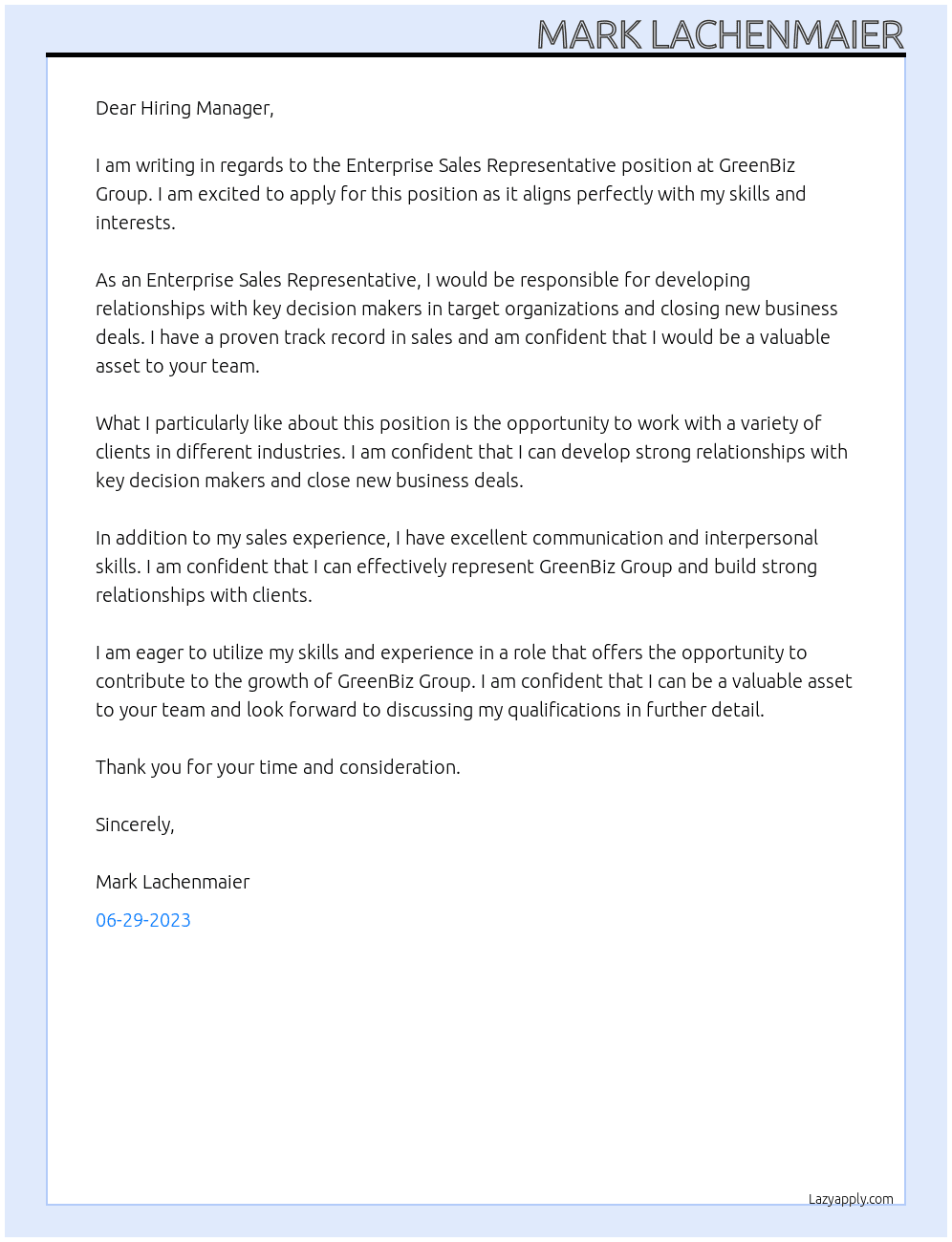 Enterprise Sales Representative  At GreenBiz Group Cover Letter