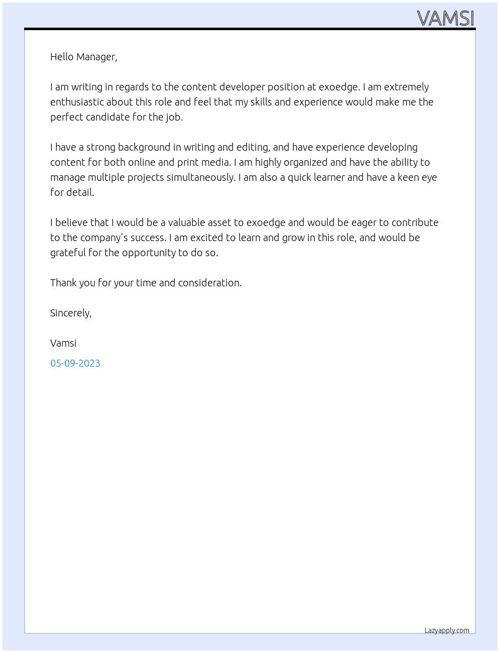 content developer At exoedge Cover Letter