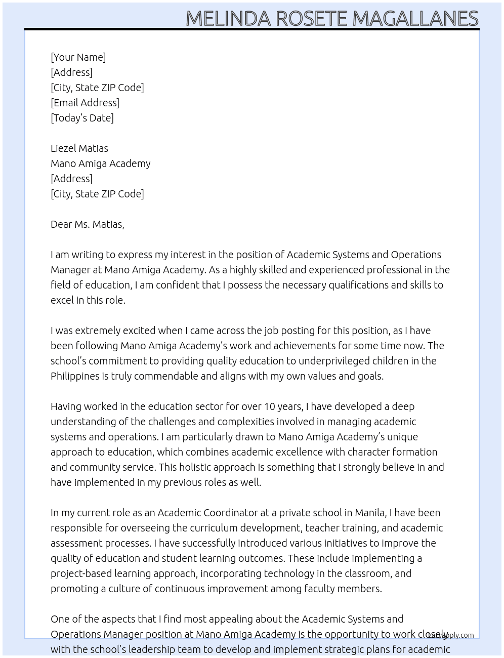 Cover letter for academic systems and operations manager - LazyApply