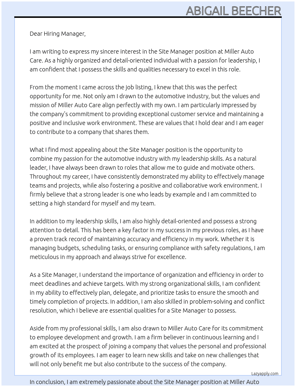 Site Manager At Miller Auto Care Cover Letter