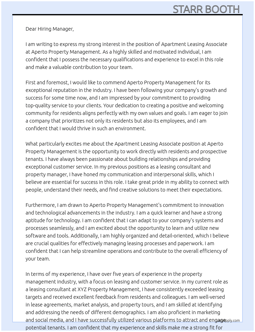 Apartment Leasing Associate  At Aperto Property Management  Cover Letter