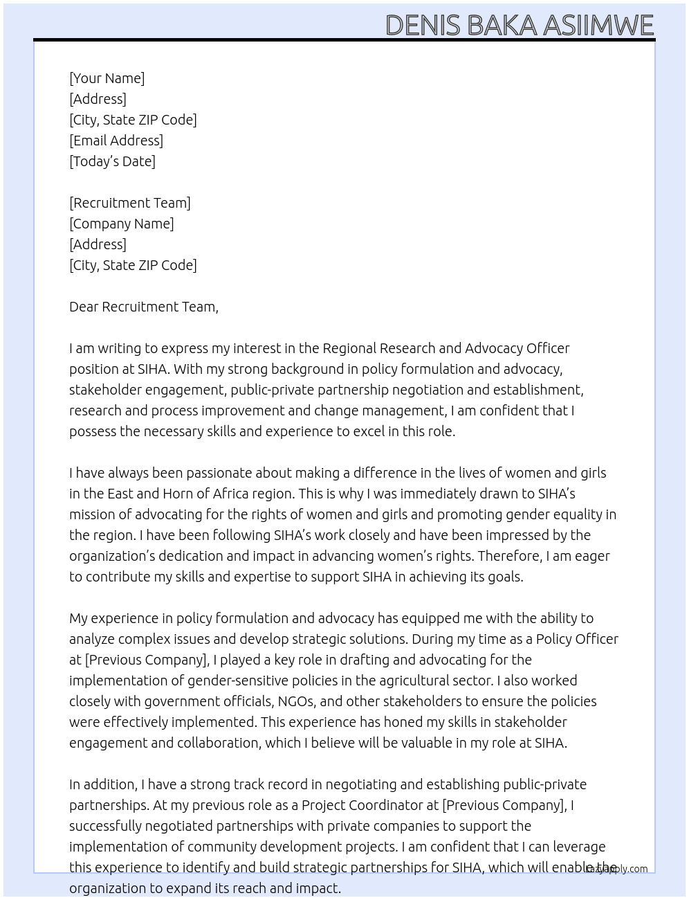 Regional Research and Advocacy Officer At SIHA Cover Letter