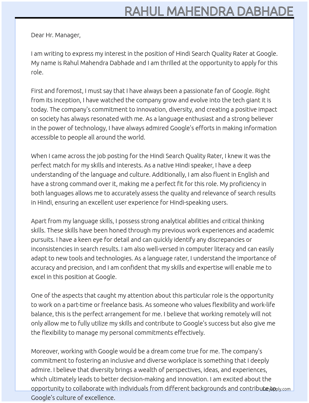 Cover letter for hindi serach quality rater - LazyApply