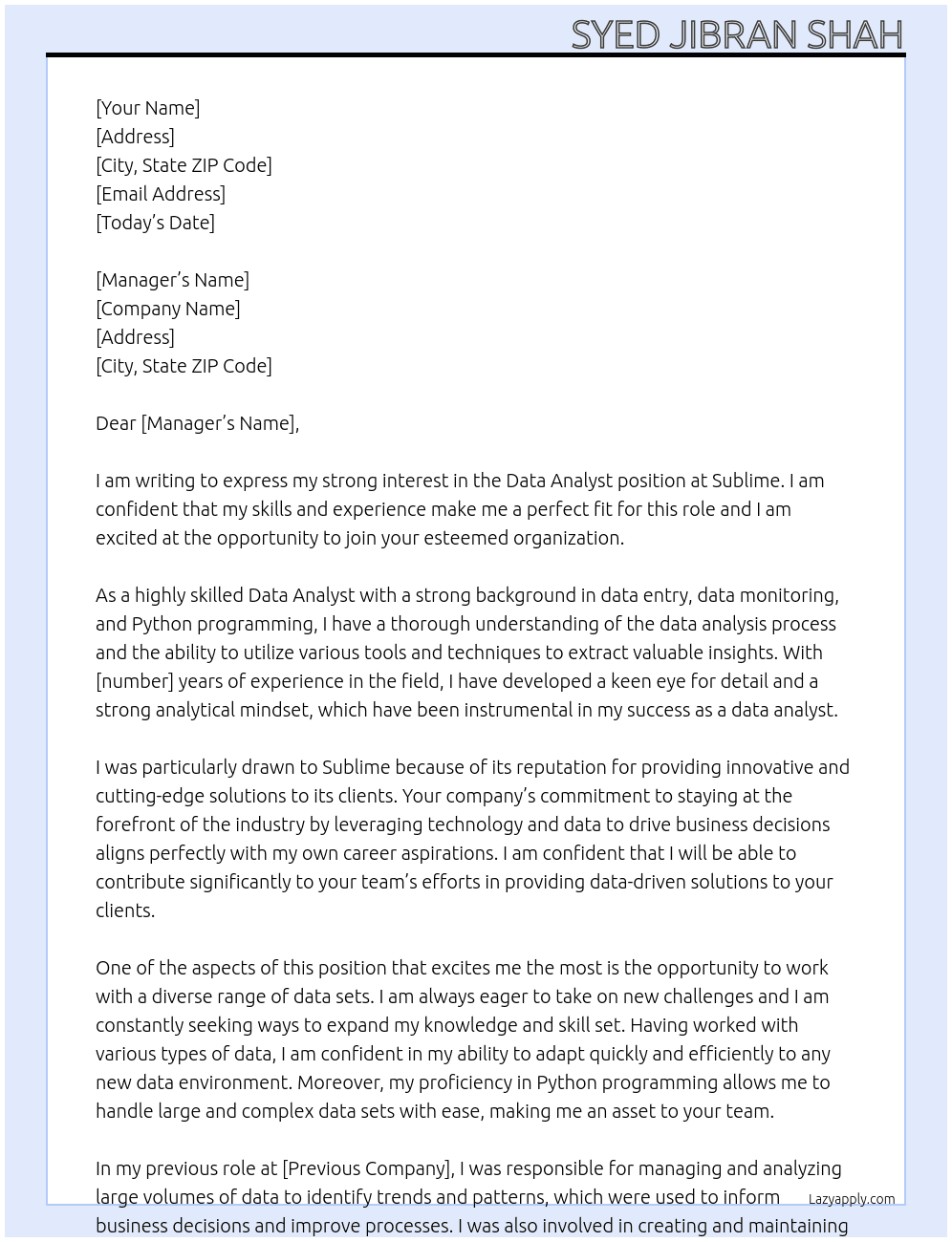 data analyst At sublime Cover Letter