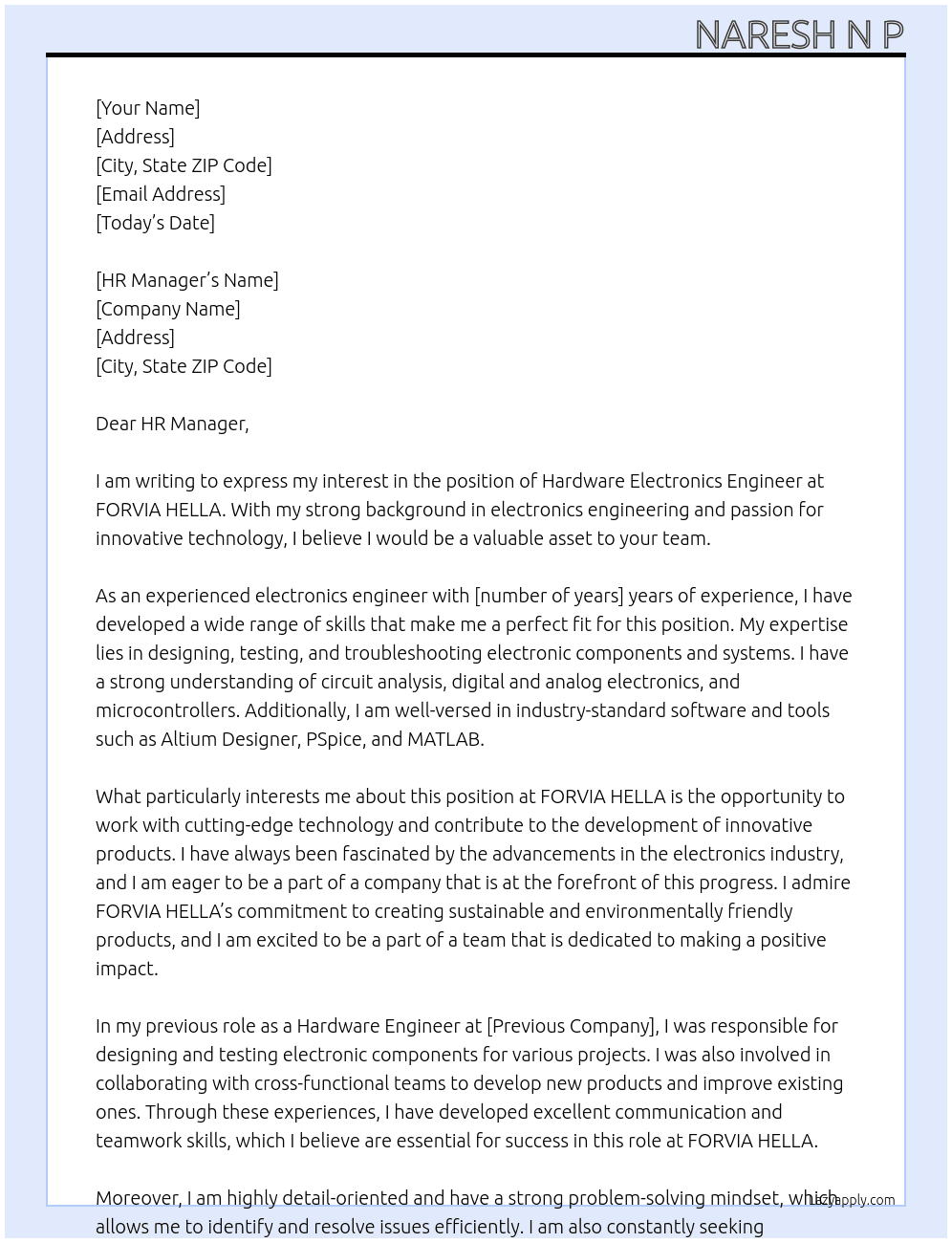 hardware electronics engineer At FORVIA HELLA Cover Letter