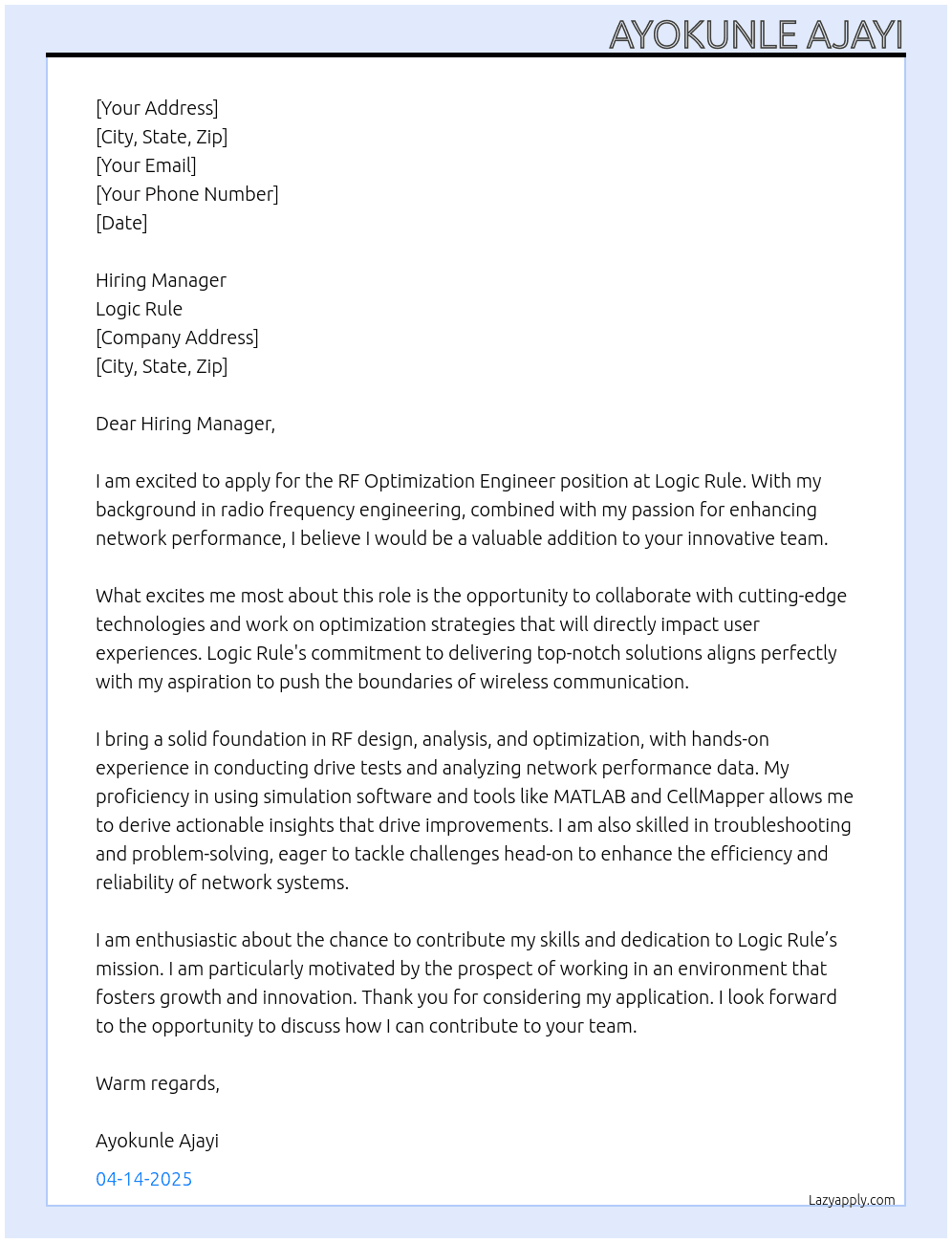 RF Optimization Engineer  At Logic Rule Cover Letter