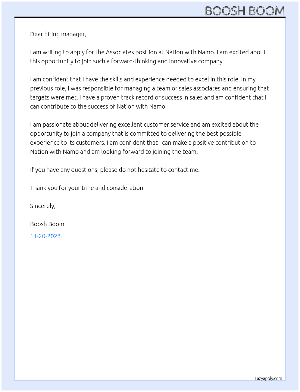 Associates At nation with namo Cover Letter