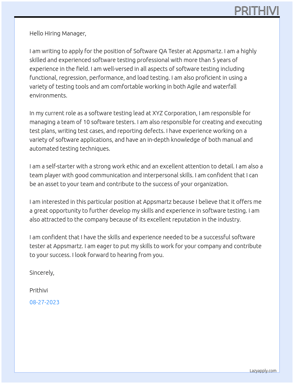 Software QA Tester At Appsmartz Cover Letter
