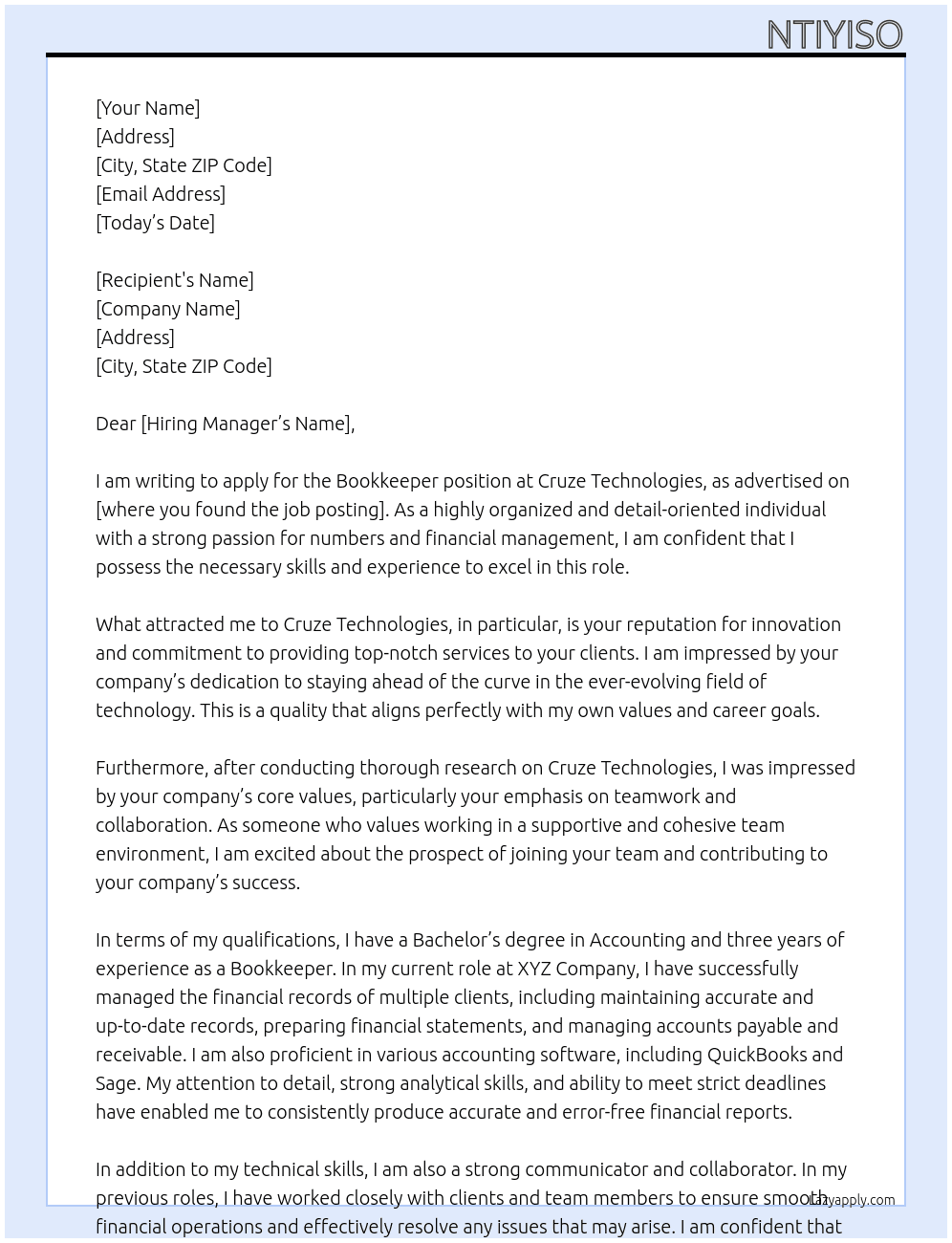 Bookkeeeper At Cruze Technologies Cover Letter