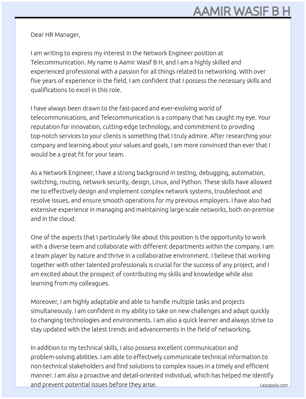 Network engineer  At Telecommunication  Cover Letter