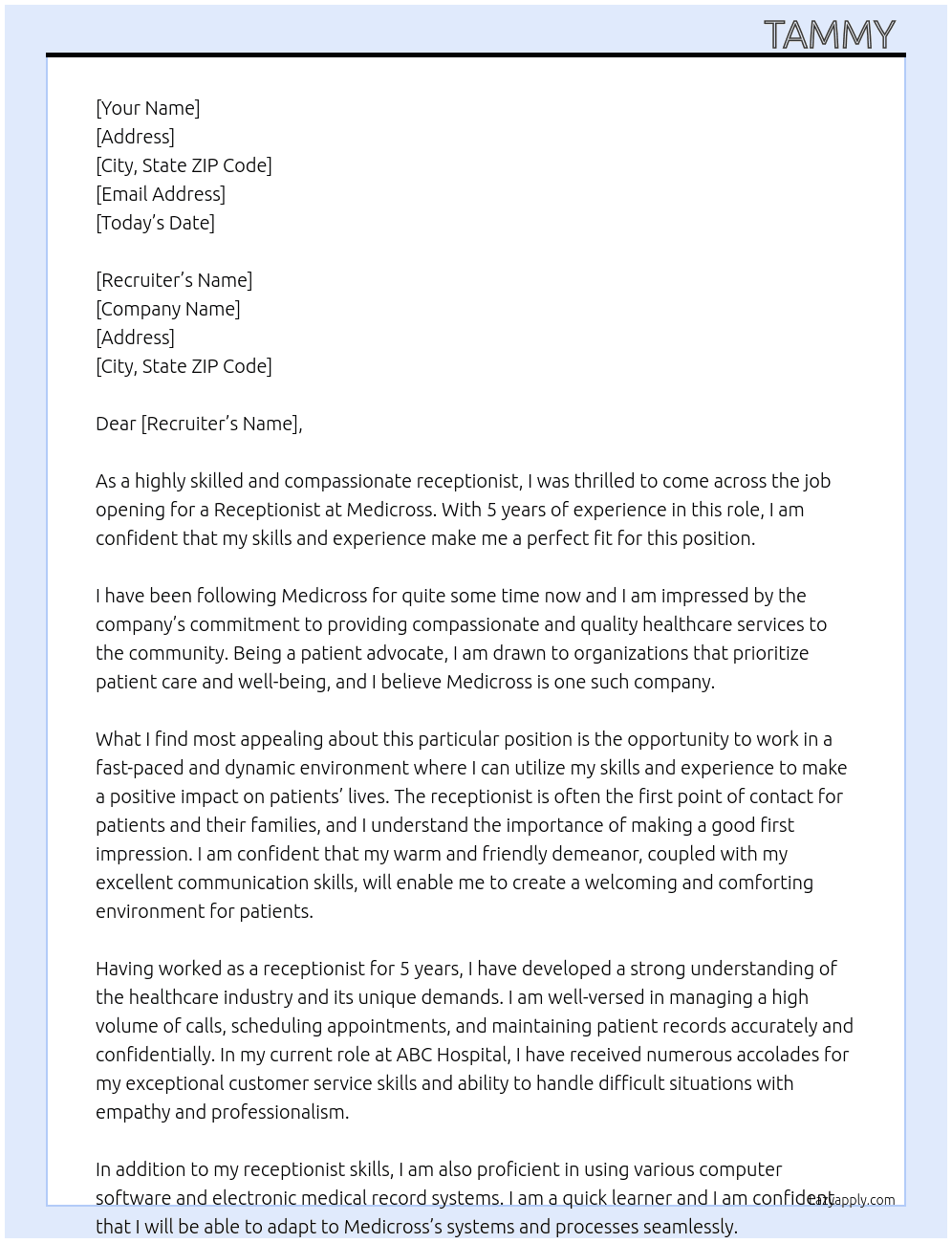 Receptionist  At Medicross Cover Letter