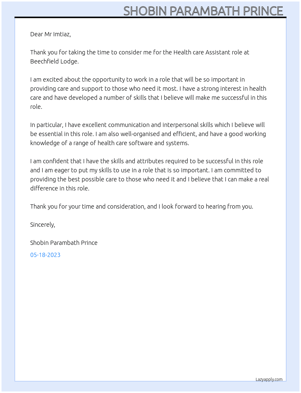 Health care Assistant  At Beechfield Lodge  Cover Letter