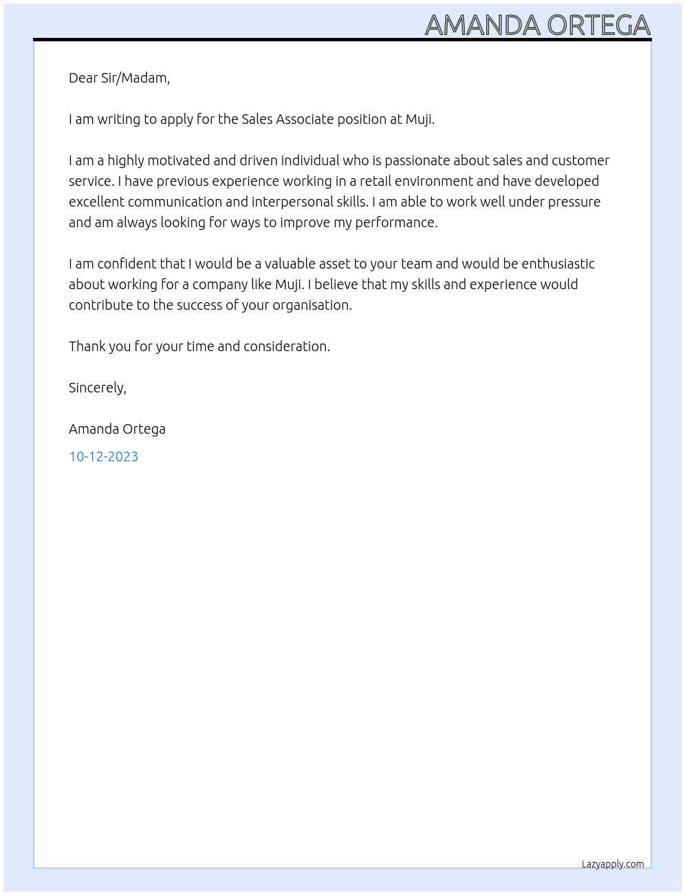 Sales Associate At Muji Cover Letter