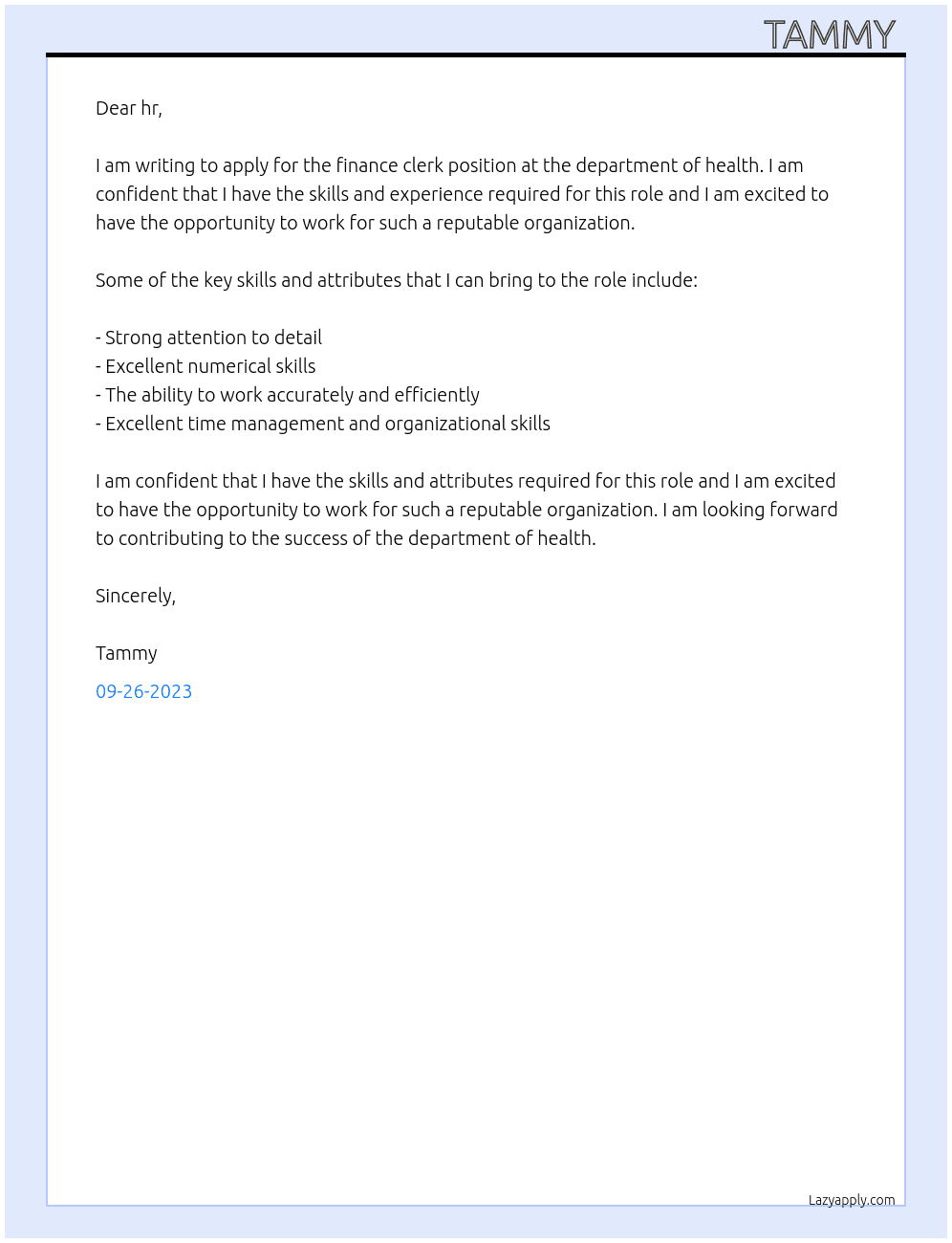 finance clerk  At department of health Cover Letter