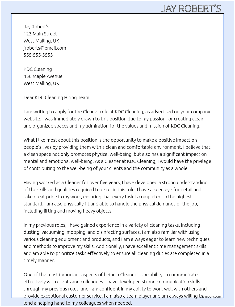 Cleaner  At KDC Cleaning  Cover Letter